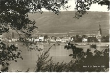 AK Rüdesheim am Rhein - Stadtansicht, Kirche, Frachtschiff, Anleger - 1960 gel.