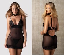 OBSESSIVE CHEMISE + STRING + HALSBAND SPITZE TÜLL SCHWARZ transparent negligee