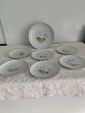 Rosenthal Schale und sechs Teller, Blumen und Insekten, 50 er Jahre