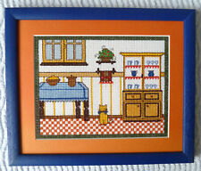 Stickbild - "Nostalgie Küche mit Katze" - Handarbeit - mit Rahmen in blau