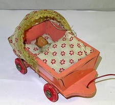 Alter Puppenstuben Ziehwagen - Puppenwagen mit Puppe - 40er/50er Jahre