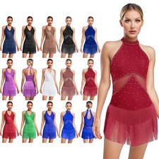 DE Damen Strass Glitter Latin Tanzkleid Fringe Leotard Kleider Samba Ballsaal