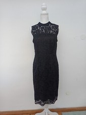 Esprit Kleid 40 schwarz mit Spitze Stehkragen Cocktailkleid Ärmellos Etuikleid 