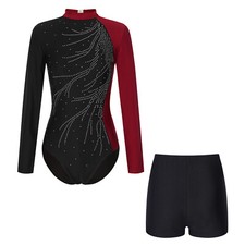 Damen Glitzer Gymnastikanzug mit Shorts Ballettanzug Turnen Leotard Trikotanzug