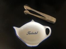 Teebeutel Halter aus Porzellan + Zuckerzange aus Edelstahl mit Blumen Motiv B06