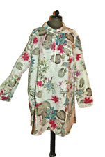 Kleid Tunika Kaftan Hemd 100 % Baumwolle Beige-Blumenmuster  XXL 102 cm Langarm