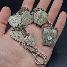 Antike Uhrenkette Silber Kettenschieber Herz Glück Auf Kompass Anhänger 68,6g