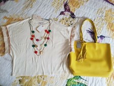Kate Mee Tasche Quastengelb + Nice&Chic T-Shirt creme,ecru,frange M 42IT + Halskette