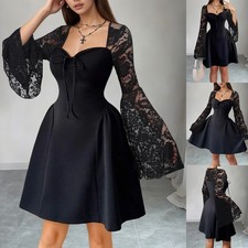 Damen Elegant Spitze Minikleid Gothic Partykleid Langarm Festkleid A-Linie-Kleid