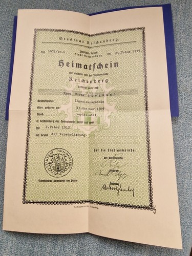 Heimatschein stadt reichenberg - stadt,