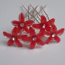 Set 5 Haarnadeln Lilie Blume Hochzeit Braut Haarschmuck Strass rot C1