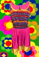 K278✪ 60er 70er Jahre Boho Vintage Kleid Kostüm Bubikragen Vokuhila pink Gr. M