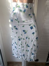 Damen Sexy Midirock Sommerrock Hohe Taille Rock Blau Weiß Rosen Röschen Schlitze