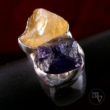 Massiver 925 Silber Designer-Ring 23,2 g – Rohstein Amethyst & Citrin Handarbeit