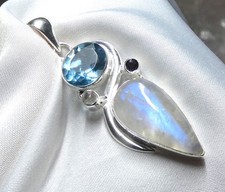 Blautopas, Iolith Anhänger 925 Silber Mondstein in intensiv Blau UNIKAT NEU