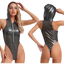 DE iEFiEL Damen Wetlook Lackleder Body Dessous Einteiler Overalls Gogo Clubwear