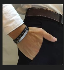Echtleder Armband Herren Männer mit Gliederkette  Schwarz Leder 20,5cm