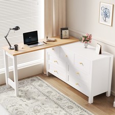 Schreibtisch L-förmig Eckschreibtisch Kommode Sideboard mit 7 Schubladen Weiß