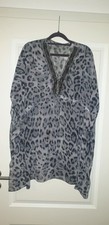Strandkleid Leopardenmuster Gr L 42 Grau Schwarz Überwurf Poncho