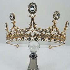Prachtvolle Barock Tiara Goldene Diademkrone mit Strasssteinen und Perlen Braut