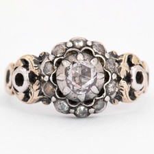 Gr. 57 - Biedermeier Gold 585/14K & Silber Rosenschliff Diamantrosen Damenring