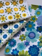 vintage Deko Frottee Stoff Pril Blumen 70er Jahre blau gelb weiß grün Reste