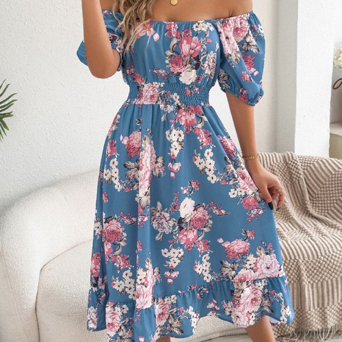 Damen blumen schulterfrei midi - blumen,