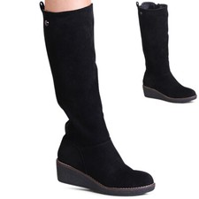 Damenschuhe Keilabsatz Stiefel Plateau Velours Keil Boots Langschaft Stretch 