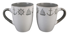 2er Set maritime Keramik Becher 350ml Kaffeebecher Anker Steuerrad Boot grau