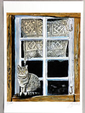 Einmalige Kunst Grafik von Original Gemälde "KATZE AM FENSTER" Graphic, NO FOTO!