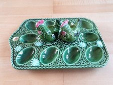 Vintage Eierteller Eierplatte Keramik Grün Henne mit Salz und Pfeffer Streuer