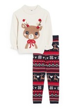 C&a Mädchen Weihnachten Rentier Chenille Pullover Mit Hose Outfit Gr. 98