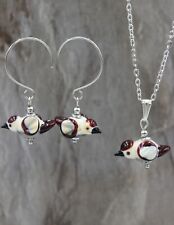 Schmuck Set Vogel Sperling Edelstahl Ohrringe Kette Lampwork Perlen #E046