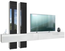 Wohnwand Anbauwand Hängeschrank Moja in Weiß matt - Hochglanz & Naturtöne