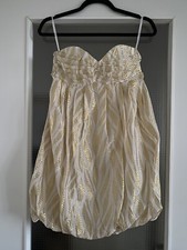 H&M Bandeau Kleid Weiß Gold Schulterfrei XS/34 Ballon Rock Rüschen Falten