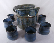 ""DENK Keramik Franz Coburg KunstKeramik Krug  mit 6 Becher Bowle Saft Hugo blau