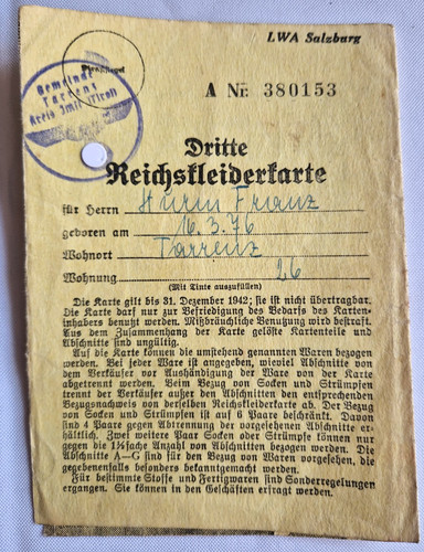 Dritte reichskleiderkarte 1942 - dritte,