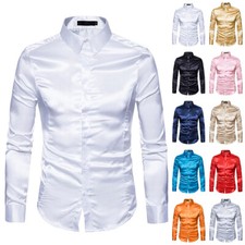 Herren Satin Seide Freizeit Hemd Slim Hochzeit Party Langärmlig Kn ; ♩