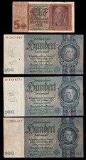 1935-42 WWII GERMANY drei 100RM "Hundert" Banknoten & eine 5 "Funf" Reichismark