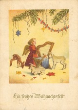 Frohe Weihnachten, Engel mit Harfe, Volkskunst Erzgebirge, Künstlerpostkarte