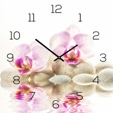 Wanduhr aus Glas 30x30cm Uhr als Glasbild Rosa Orchidee FengShui Wellness