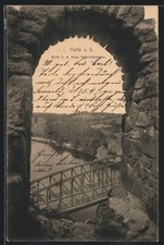 AK Halle a. S., Blick von der Burg Giebichenstein auf Stahlbrücke mit Fachwerkb 