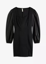 Kleid im Businesslook mit Lederimitat Ärmeln Gr. 40/42 Schwarz Minikleid Neu*