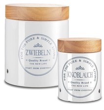2 Aufbewahrungsdosen ZWIEBELN + KNOBLAUCH Keramik Dose weiß m. Holzdeckel v. KHG