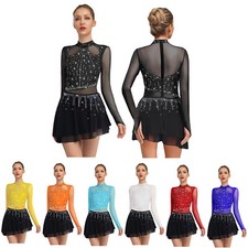 DE Damen Langarm Kürkleid Glitzer Eiskunstlauf Kleider Spleiß Gymnastikanzug