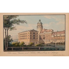 Leipzig Pleißenburg als Kaserne Beichling Umrissradierung koloriert um 1850
