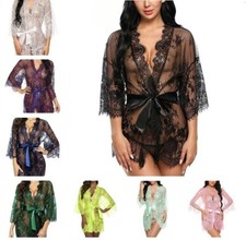 Sexy Damen Spitze Morgenmantel Bademantel Kimono Negligee Nachtwäsche Dessous ~~