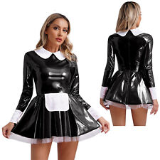 DE iEFiEL Damen Kostüm Dienstmädchen Lack Maid Kleid Sexy Karneval PParty Kostüm