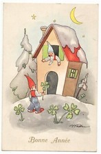 AK Neujahr,   Zwerg schaut aus Zwergenhaus, Zwerg mit Glücksklee, Mond