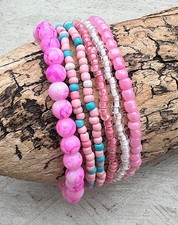 6-teiliges Armband Set Perlenarmband Hippie Boho Surfer Glas rosa Töne 18cm NEU